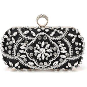 🆕Women Black Beaded Polyester Evening Bag Rhinestone Clutch Shoulder Handbag